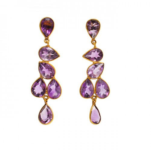 Faceted Pear Shape Amethyst Gemstone 925 Sterling Silver Gold Plated Stud Earrings