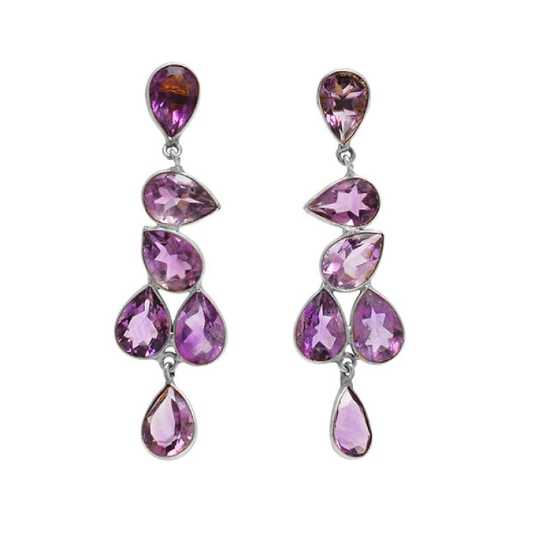 Faceted Pear Shape Amethyst Gemstone 925 Sterling Silver Gold Plated Stud Earrings