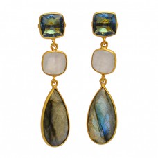 Bezel Setting Labradorite Moonstone 925 Sterling Silver Gold Plated Stud Earrings