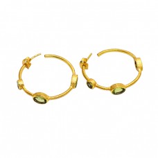 Oval Shape Peridot Gemstone 925 Sterling Silver Gold Plated Designer Hoop Earrings