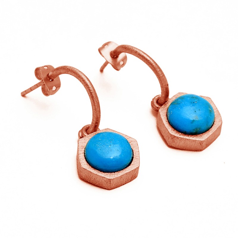 Round Cabochon Turquoise Gemstone 925 Sterling Silver Gold Plated Hoop Earrings