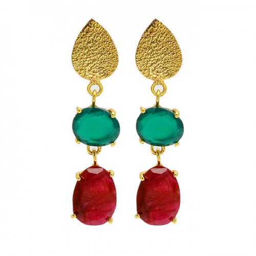 Green Onyx Ruby Gemstone 925 Sterling Silver Gold Plated Dangle Stud Earrings