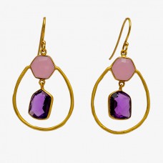 Amethyst Chalcedony Gemstone 925 Sterling Silver Gold Plated Dangle Earrings