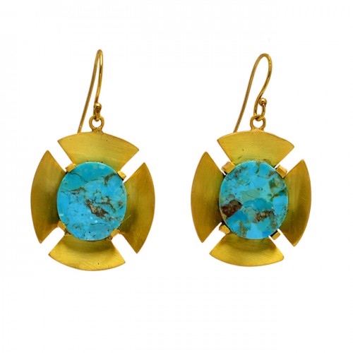 Oval Shape Turquoise Gemstone 925 Sterling Silver Gold Plated Dangle Earrings