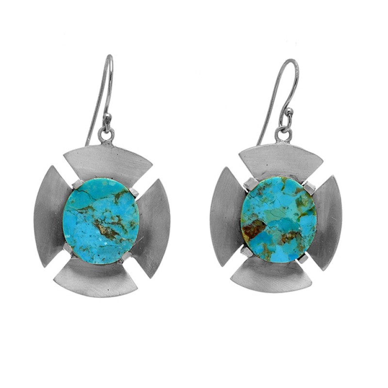 Oval Shape Turquoise Gemstone 925 Sterling Silver Gold Plated Dangle Earrings