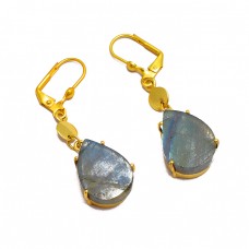 Labradorite Pear Shape Gemstone 925 Sterling Silver Gold Plated Clip-On Earrings