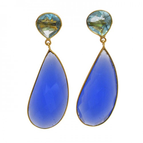Blue Topaz Chalcedony Gemstone 925 Sterling Silver Gold Plated Stud Dangle Earrings