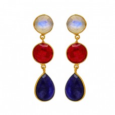 Moonstone Ruby Sapphire Gemstone 925 Sterling Silver Gold Plated Dangle Stud Earrings