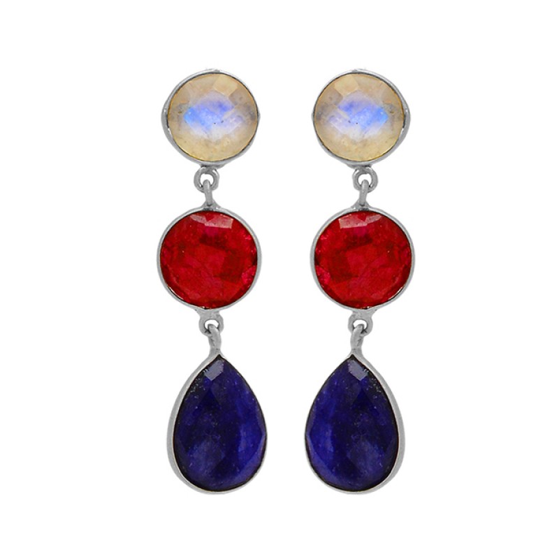 Moonstone Ruby Sapphire Gemstone 925 Sterling Silver Gold Plated Dangle Stud Earrings