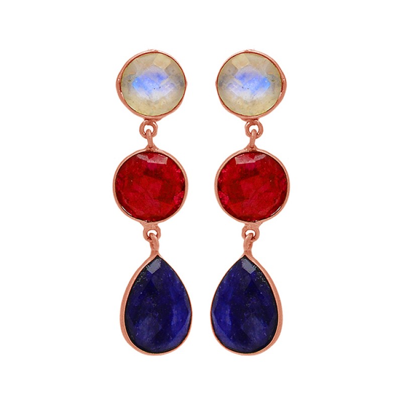 Moonstone Ruby Sapphire Gemstone 925 Sterling Silver Gold Plated Dangle Stud Earrings