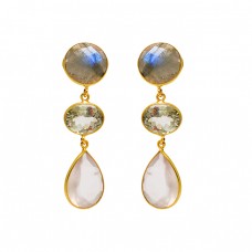 Labradorite Amethyst Moonstone 925 Sterling Silver Bezel Setting Gold Plated Earrings