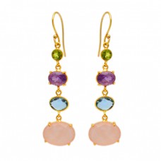 Prong Setting Multi Color Gemstone 925 Sterling Silver Gold Plated Dangle Earrings