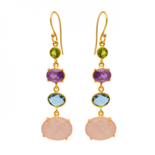 Prong Setting Multi Color Gemstone 925 Sterling Silver Gold Plated Dangle Earrings