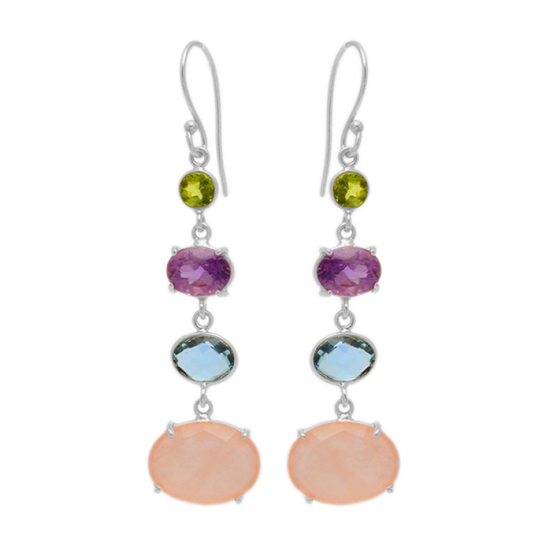 Prong Setting Multi Color Gemstone 925 Sterling Silver Gold Plated Dangle Earrings