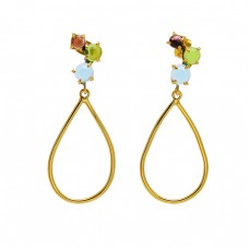 Chalcedony Peridot Quatz Gemstone 925 Sterling Silver Gold Plated Dangle Earrings