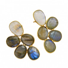 Labradorite Moonstone Oval Shape 925 Sterling Silver Gold Plated Stud Earrings