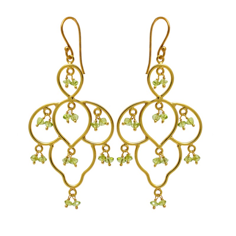 Peridot Roundel Beads Shape Gemstone 925 Sterling Silver Gold Plated Dangle Earrings