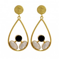 Black Onyx Moonstone 925 Sterling Silver Gold Plated Designer Stud Earrings