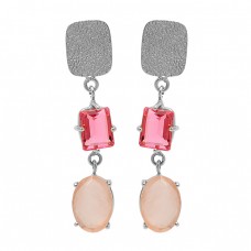 Rose Quartz Pink Quartz Gemstone 925 Sterling Silver Gold Plated Stud Earrings