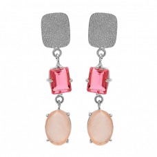 Rose Quartz Pink Quartz Gemstone 925 Sterling Silver Gold Plated Stud Earrings