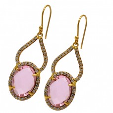 Faceted Oval Shape Pink Quartz Gemstone 925 Silver Gold Plated Designer Earrings