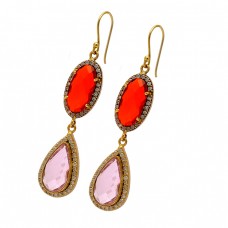 Red Onyx Pink Quartz Gemstone 925 Sterling Silver Gold Plated Dangle Earrings