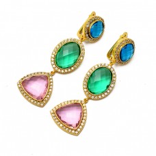 925 Sterling Silver Faceted Multi Color Gemstone Gold Plated Dangle Stud Earrings