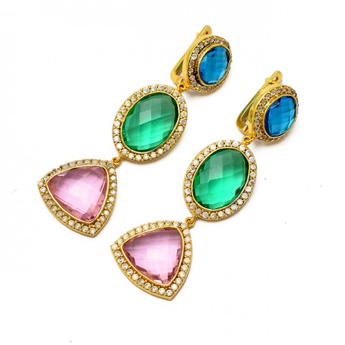 925 Sterling Silver Faceted Multi Color Gemstone Gold Plated Dangle Stud Earrings