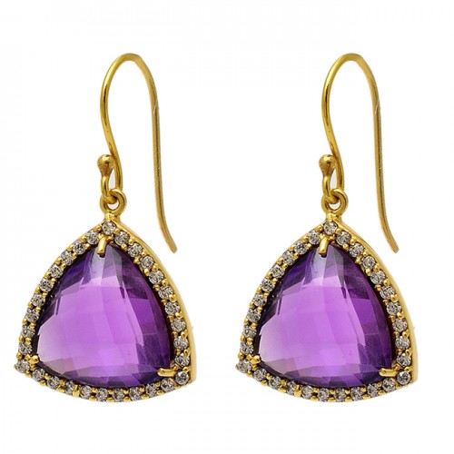 Pave Cz Amethyst Gemstone 925 Sterling Silver Gold Plated Dangle Earrings