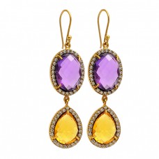 Amethyst Citrine Cz Gemstone 925 Sterling Silver Gold Plated Dangle Earrings