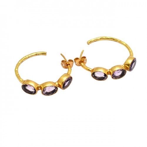 Oval Shape Amethyst Gemstone 925 Sterling Silver Gold Plated Hoop Earrings