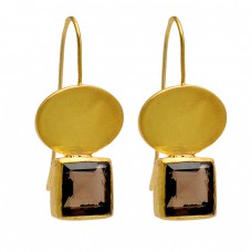 Square Shape Smoky Quartz Gemstone 925 Sterling Silver Gold Plated Earrings