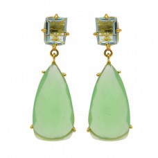 Blue Topaz Chalcedony Gemstone 925 Sterling Silver Gold Plated Dangle Stud Earrings