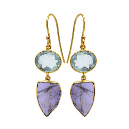 Blue Topaz Amethyst Gemstone 925 Sterling Silver Gold Plated Dangle Earrings