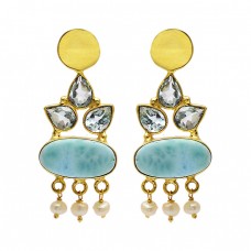 Blue Topaz Larimar Pearl Gemstone 925 Sterling Silver Gold Plated Stud Dangle Earrings
