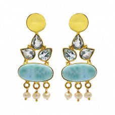 Blue Topaz Larimar Pearl Gemstone 925 Sterling Silver Gold Plated Stud Dangle Earrings