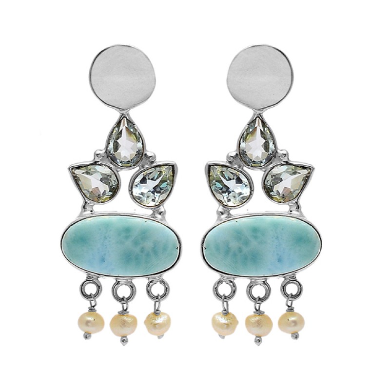 Blue Topaz Larimar Pearl Gemstone 925 Sterling Silver Gold Plated Stud Dangle Earrings