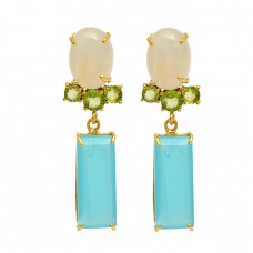 Moonstone Peridot Chalcedony Gemstone 925 Sterling Silver Gold Plated Stud Earrings