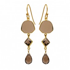 Smoky Quartz Gemstone 925 Sterling Silver Gold Plated Designer Dangle Earrings