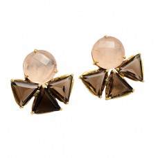 Rose Quartz Smoky Quartz Gemstone 925 Sterling Silver Gold Plated Stud Earrings