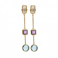 925 Sterling Silver Moonstone Amethyst Topaz Gold Plated Chain Dangle Earrings