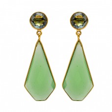 925 Sterling Silver Topaz Chalcedony Gemstone Gold Plated Stud Dangle Earrings
