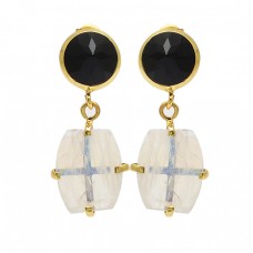 Black Onyx Moonstone 925 Sterling Silver Gold Plated Dangle Stud Earrings