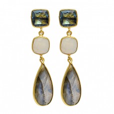 925 Sterling Silver Topaz Moonstone Labradorite Gold Plated Dangle Stud Earrings