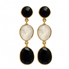 Black Onyx Moonstone 925 Sterling Silver Gold Plated Dangle Stud Earrings