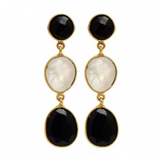 Black Onyx Moonstone 925 Sterling Silver Gold Plated Dangle Stud Earrings