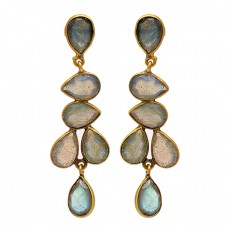 Bezel Setting Pear Shape Labradorite Gemstone 925 Silver Gold Plated Stud Earrings