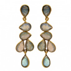 Bezel Setting Pear Shape Labradorite Gemstone 925 Silver Gold Plated Stud Earrings