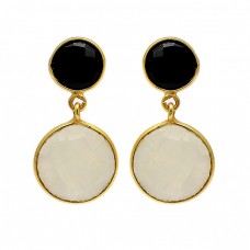 925 Sterling Silver Black Onyx Moonstone Gold Plated Dangle Stud Earrings