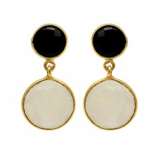 925 Sterling Silver Black Onyx Moonstone Gold Plated Dangle Stud Earrings